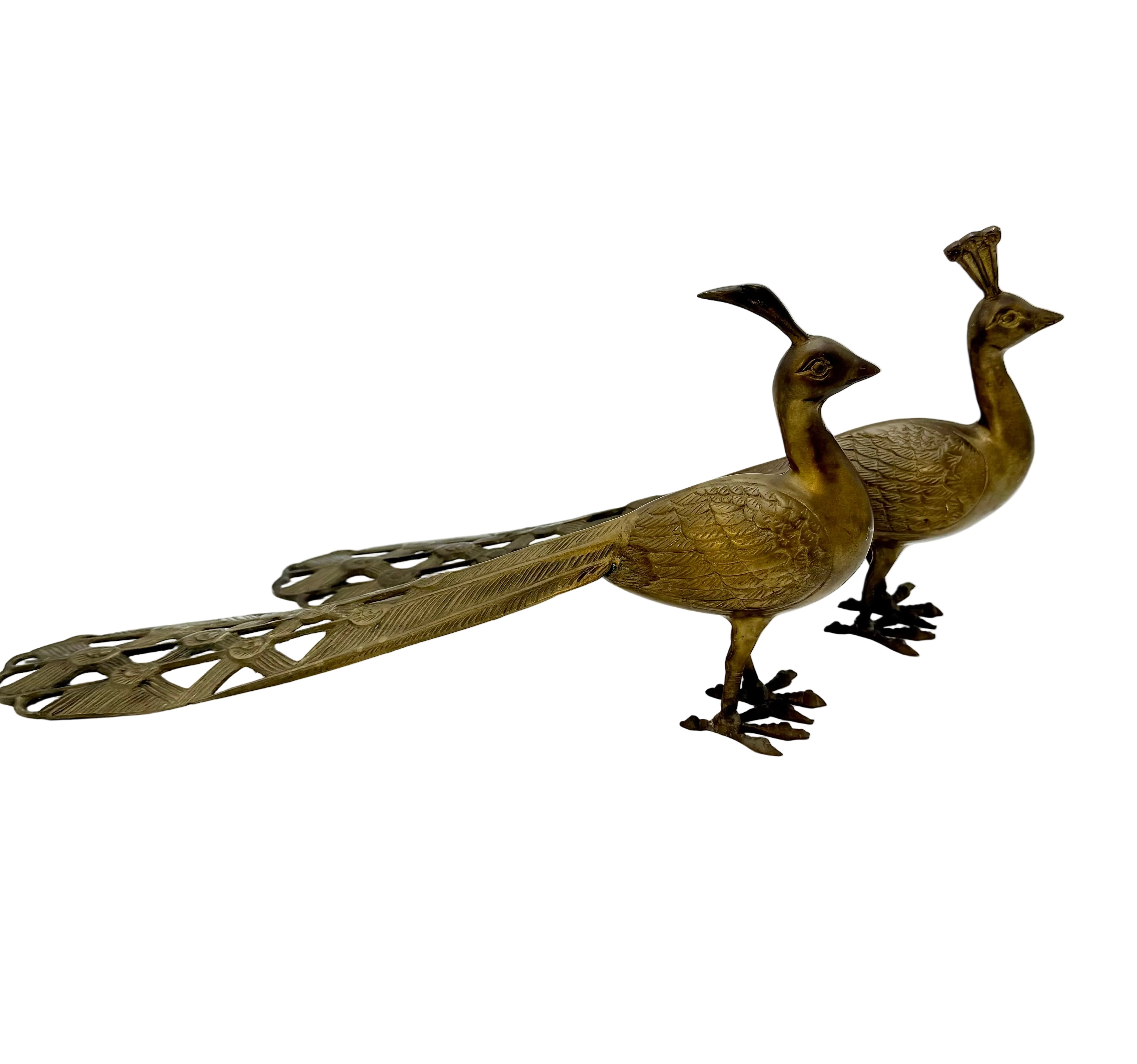 VINTAGE BRASS PEACOCK FIGURINES PAIR | HOLLYWOOD REGENCY MID CENTURY INDIAN BRASS DECOR