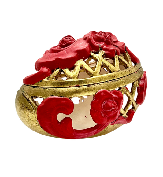 VINTAGE RED AND GOLD CHALKWARE POTPOURRI JAR WITH LID – ITALIAN CAPODIMONTE STYLE FLORAL DESIGN