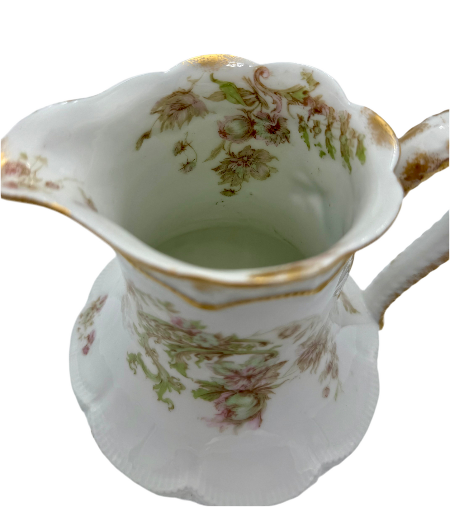 ANTIQUE HAVILAND & CO LIMOGES FLORAL PITCHER – LATE 1800s FRENCH PORCELAIN WITH GOLD GILT DETAIL – ROMANTIC VICTORIAN ART NOUVEAU STYLE