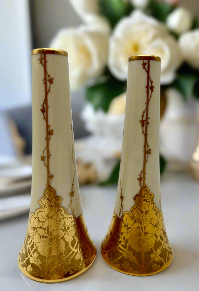 VINTAGE STEINER STUDIO LOS ANGELES 22K GOLD HAND DECORATED SALT & PEPPER SHAKERS – 6 ¼ INCH
