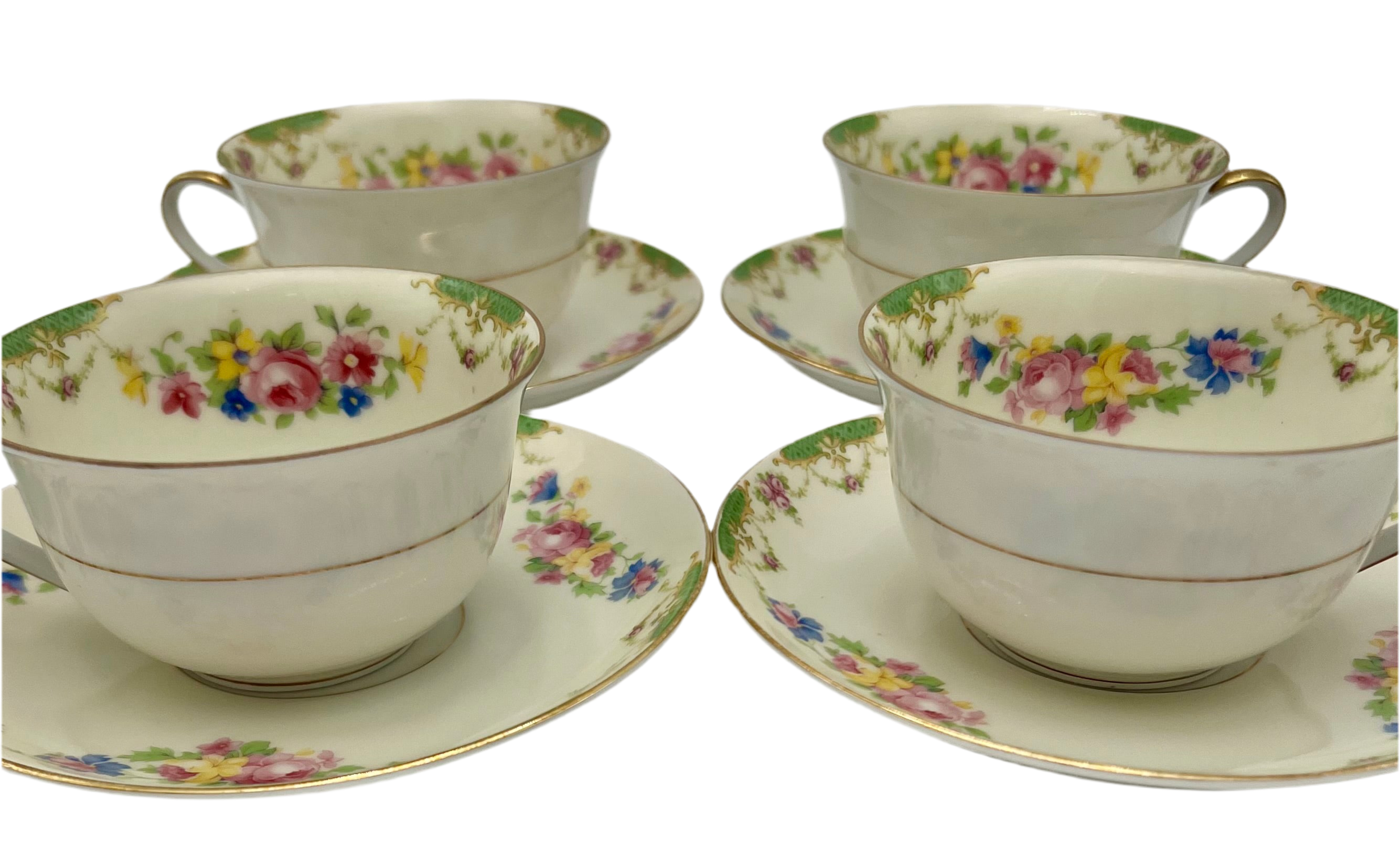 VINTAGE CZECHOSLOVAKIA FLORAL TEACUPS AND SAUCERS SET OF 4 WITH GOLD TRIM
