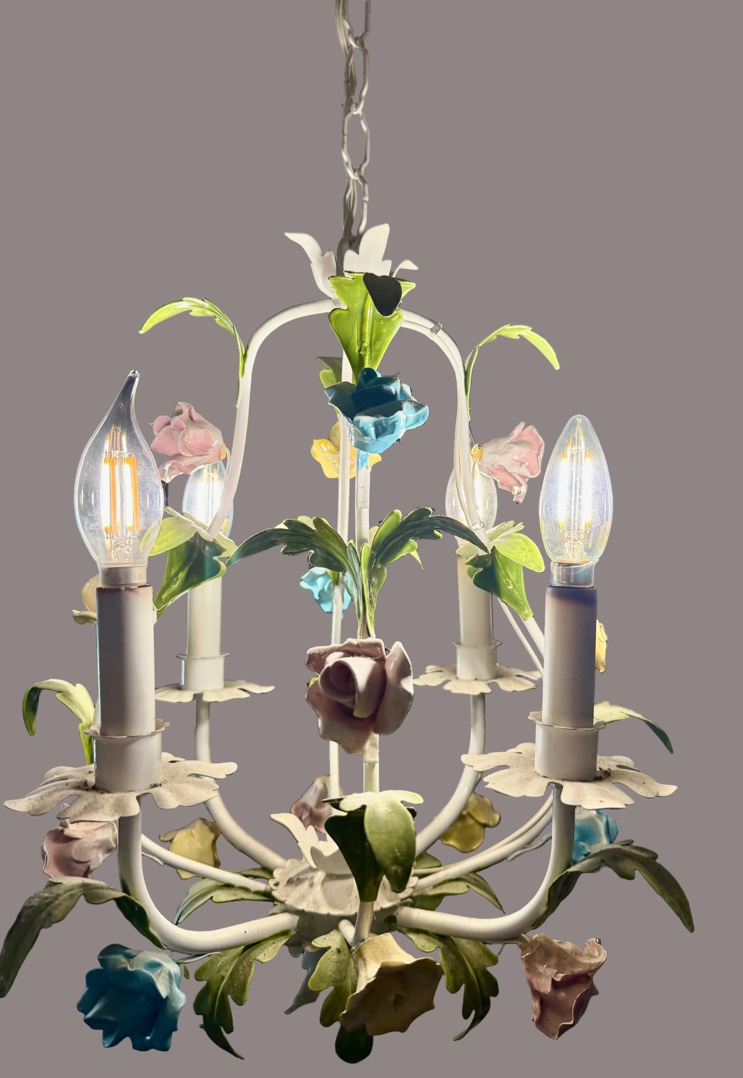 VINTAGE ITALIAN TOLE FLORAL CHANDELIER – HAND PAINTED HOLLYWOOD REGENCY EUROPEAN GARDEN LIGHTING
