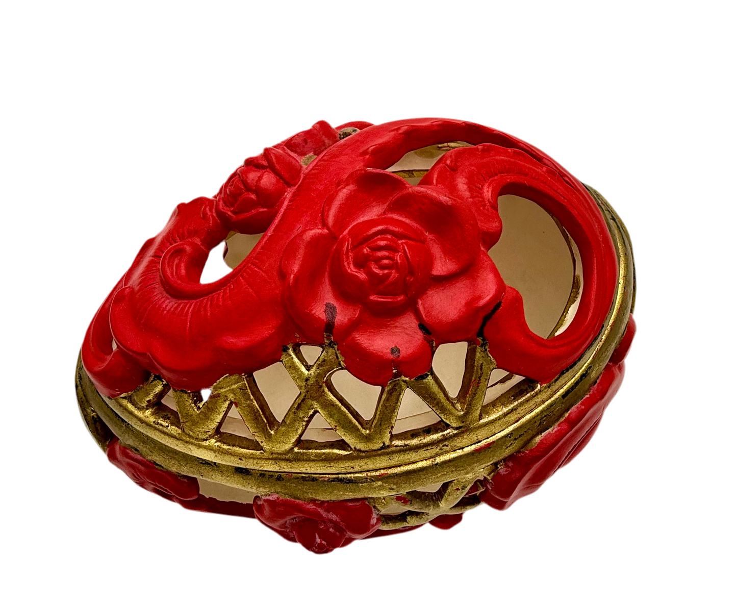 VINTAGE RED AND GOLD CHALKWARE POTPOURRI JAR WITH LID – ITALIAN CAPODIMONTE STYLE FLORAL DESIGN