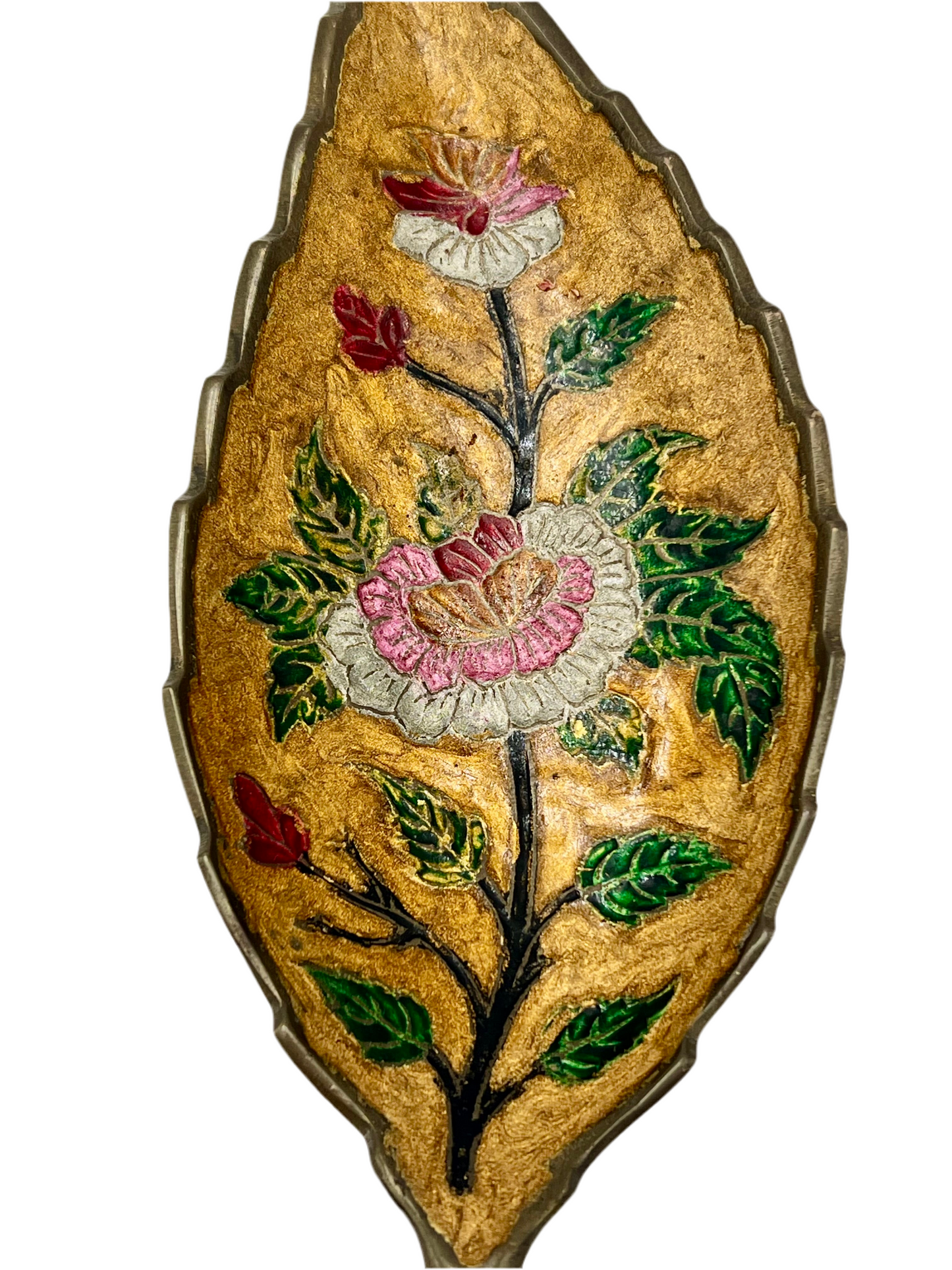 VINTAGE BRASS ENAMEL LEAF DISH WITH HAND-PAINTED FLORAL DESIGN — c. 1960s INDIA