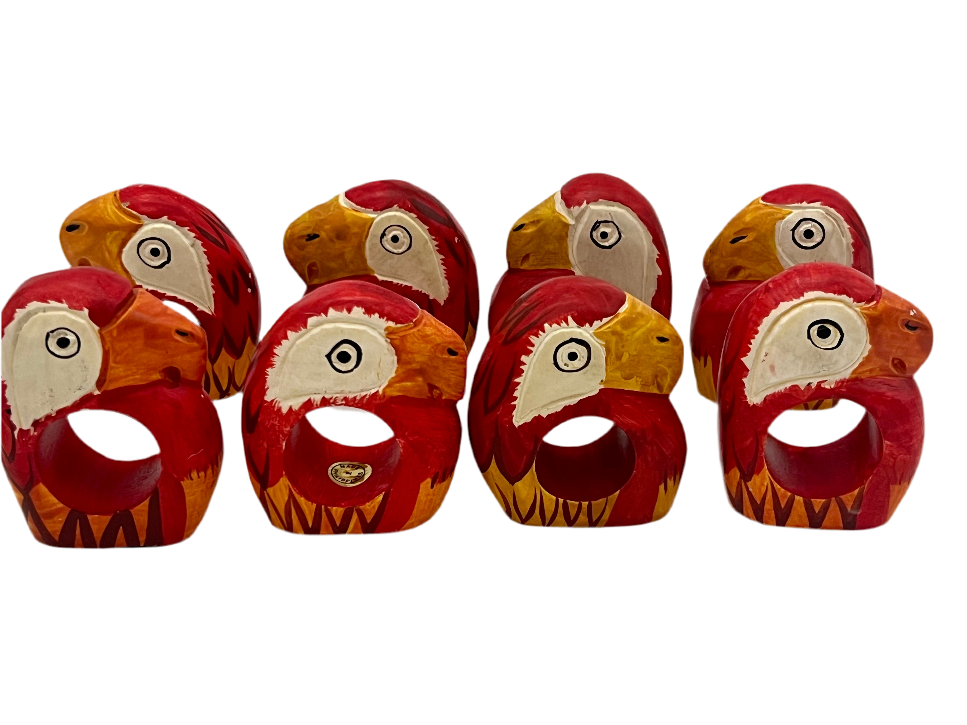 VINTAGE HAND CARVED PARROT NAPKIN RINGS SET OF 8 — MADE IN THE PHILIPPINES — 1970s–1990s FOLK ART WOODEN TABLEWARE