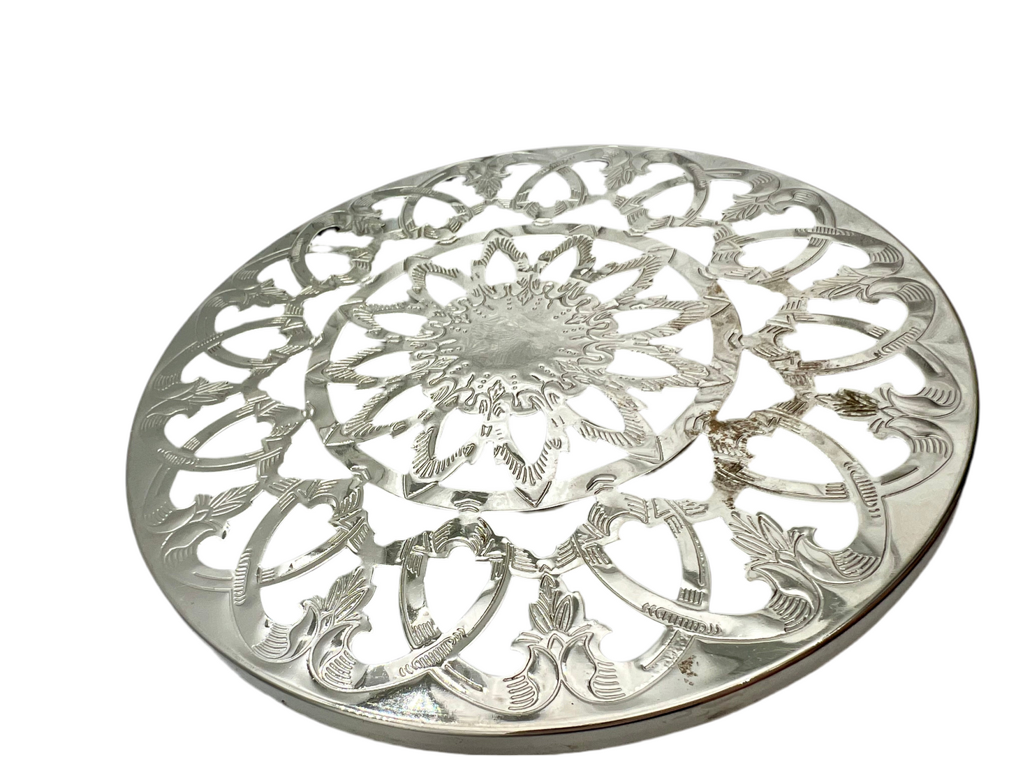 VINTAGE GLASS-BACKED SILVER-PLATE TRIVET — PIERCED FLORAL DESIGN, LIKELY SPANISH, MID-CENTURY