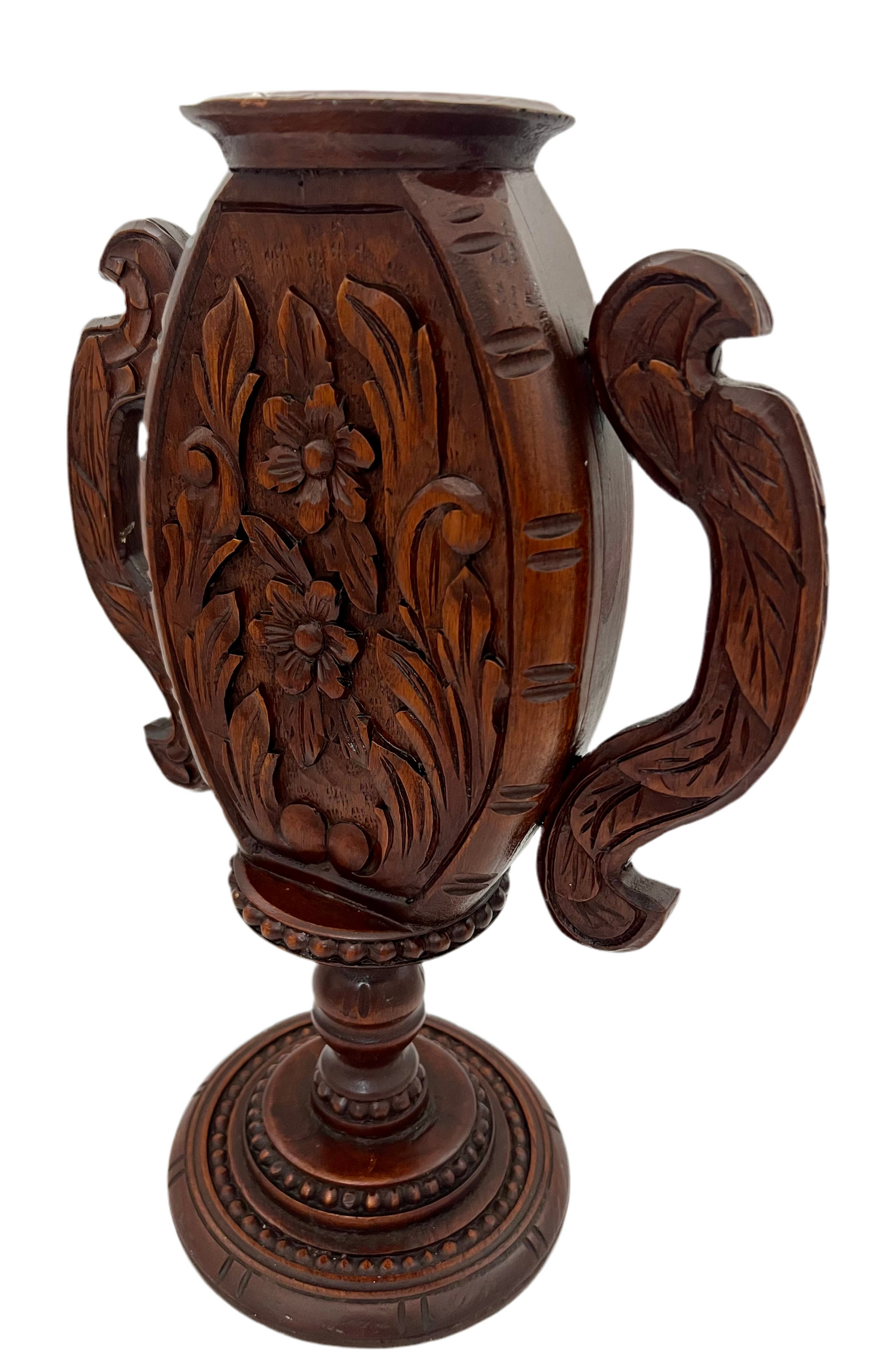 ANTIQUE KASHMIRI HAND CARVED WALNUT URN VASE WITH DOUBLE HANDLES, 19.5” LARGE ANGLO-INDIAN EXPORT, RARE PEDESTAL FORM