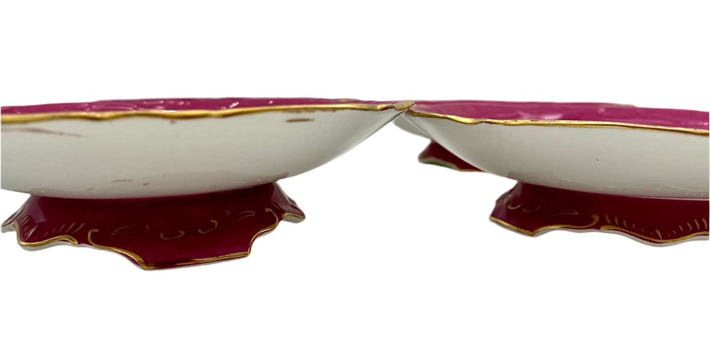 VINTAGE ENGLISH BONE CHINA FUCHSIA FLORAL PEDESTAL PLATES (SET OF 4)