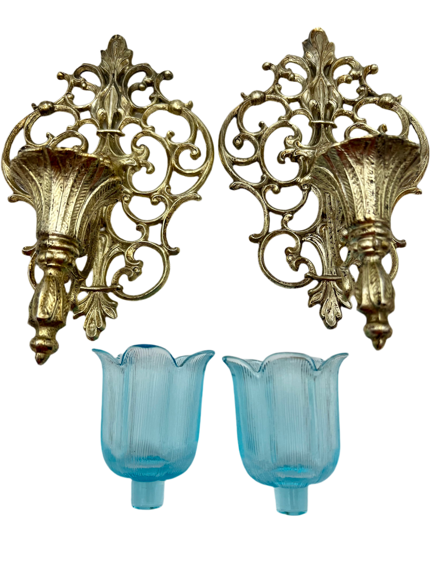 PAIR VINTAGE BRASS SCROLLWORK SCONCES WITH AQUA TULIP GLASS CUPS — HOLLYWOOD REGENCY, 9.5”