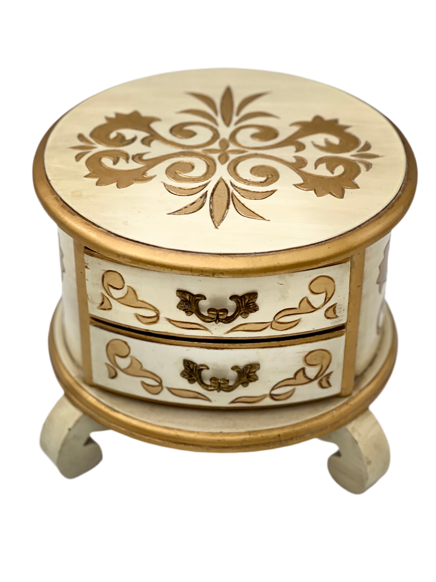 VINTAGE ITALIAN FLORENTINE GILT JEWELRY BOX – CREAM & GOLD WITH BLUE VELVET DRAWERS – 1950s FLORENCE, ITALY