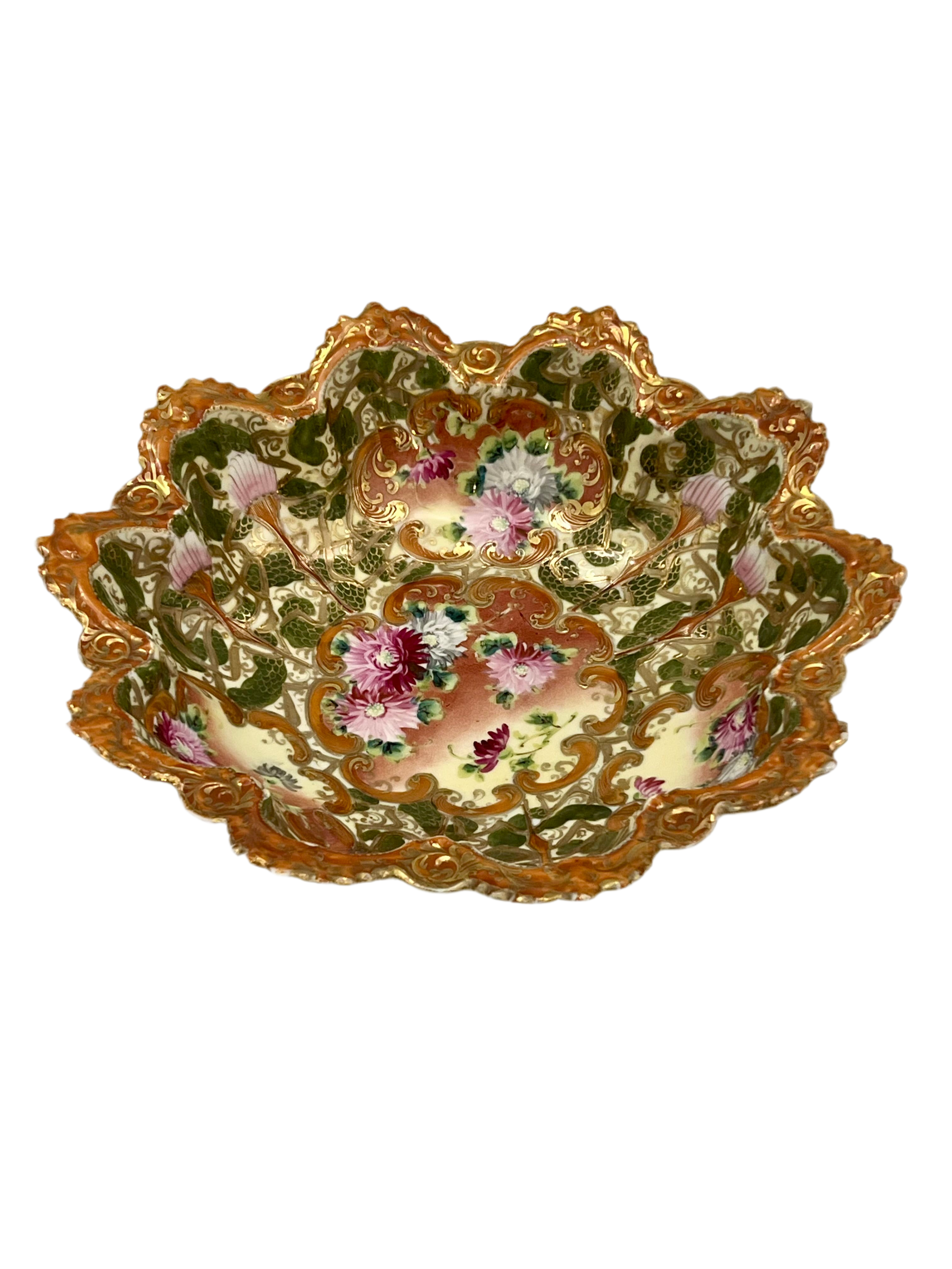 PAINTED MORIAGE BOWL – 12 INCH FLORAL CENTERPIECE WITH RAISED GOLD GILT – JAPAN CIRCA 1890s–1920s
