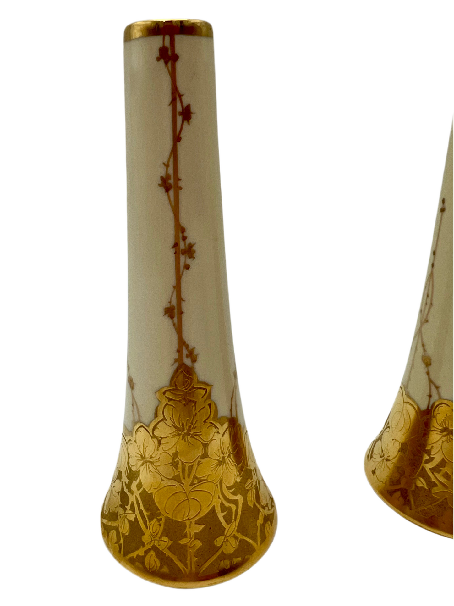 VINTAGE STEINER STUDIO LOS ANGELES 22K GOLD HAND DECORATED SALT & PEPPER SHAKERS – 6 ¼ INCH