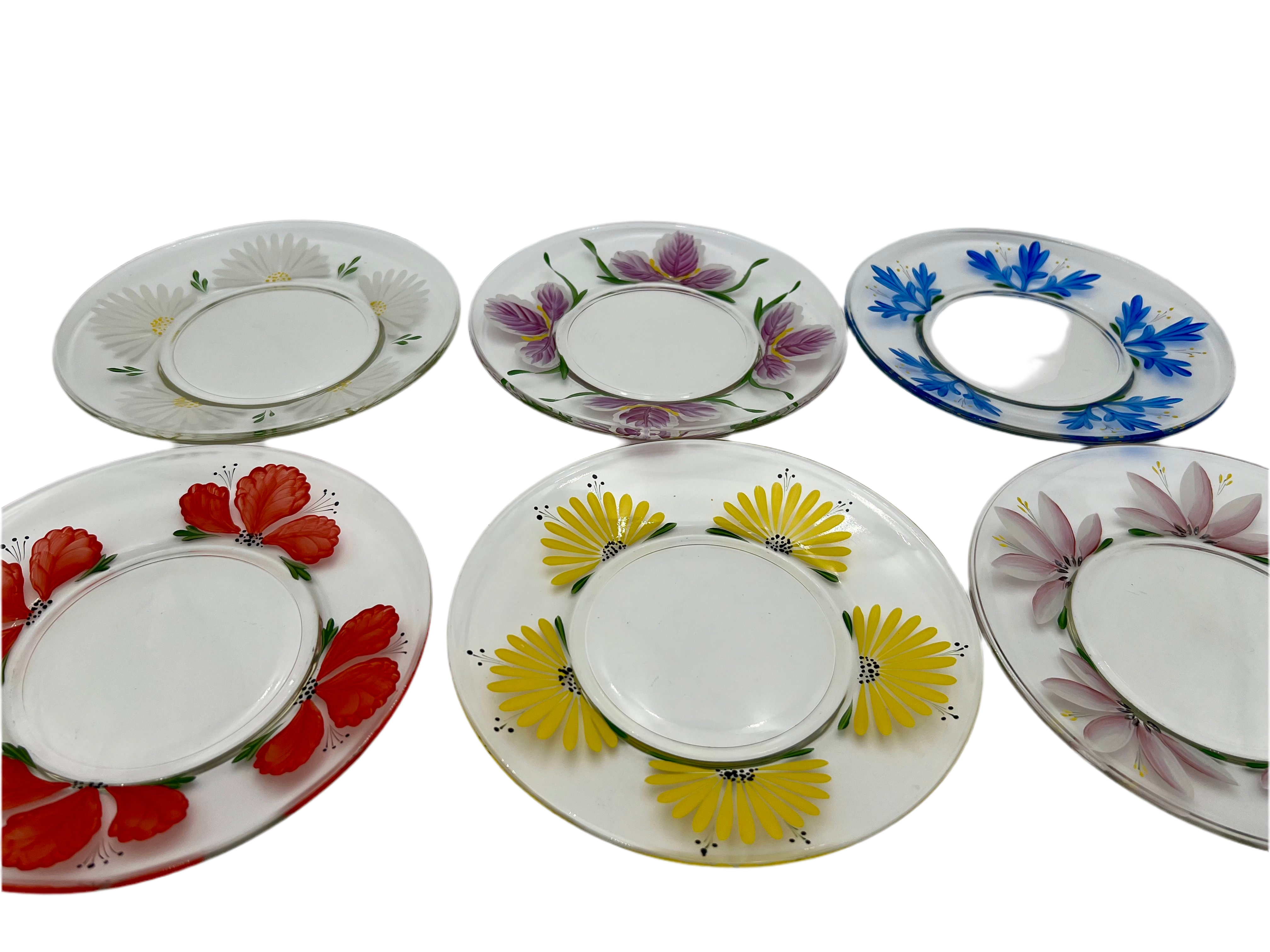 VINTAGE 1970s HAND-PAINTED FLORAL GLASS PLATE SET – MADE IN JAPAN – SET OF 6