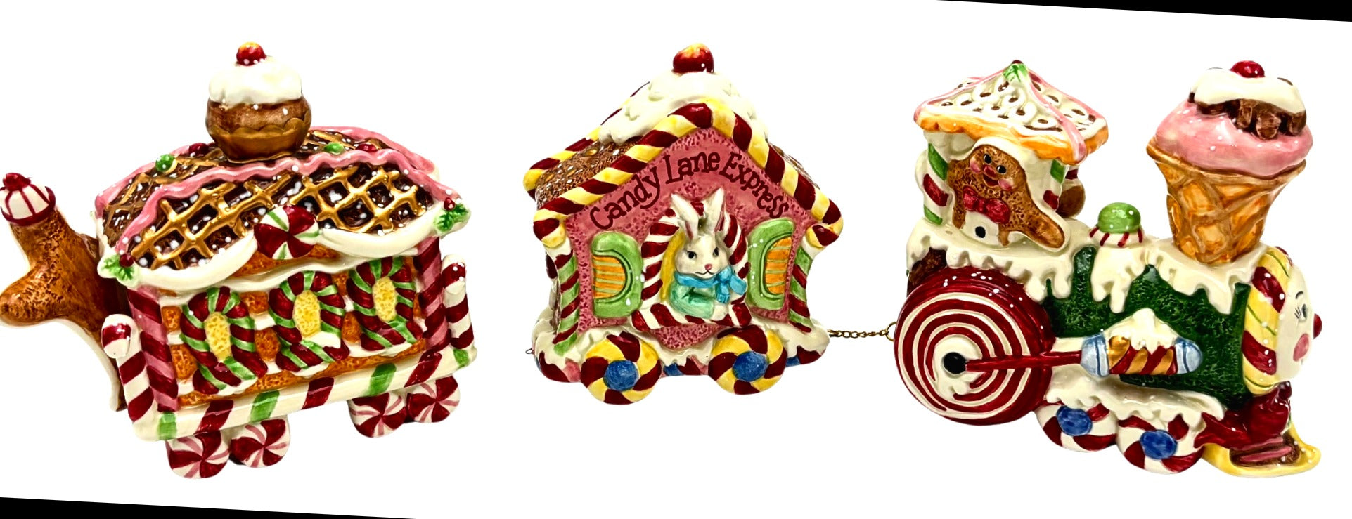 FITZ AND FLOYD CANDY LANE EXPRESS CERAMIC CHRISTMAS TRAIN SET