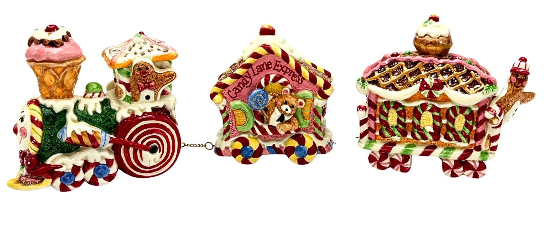 FITZ AND FLOYD CANDY LANE EXPRESS CERAMIC CHRISTMAS TRAIN SET