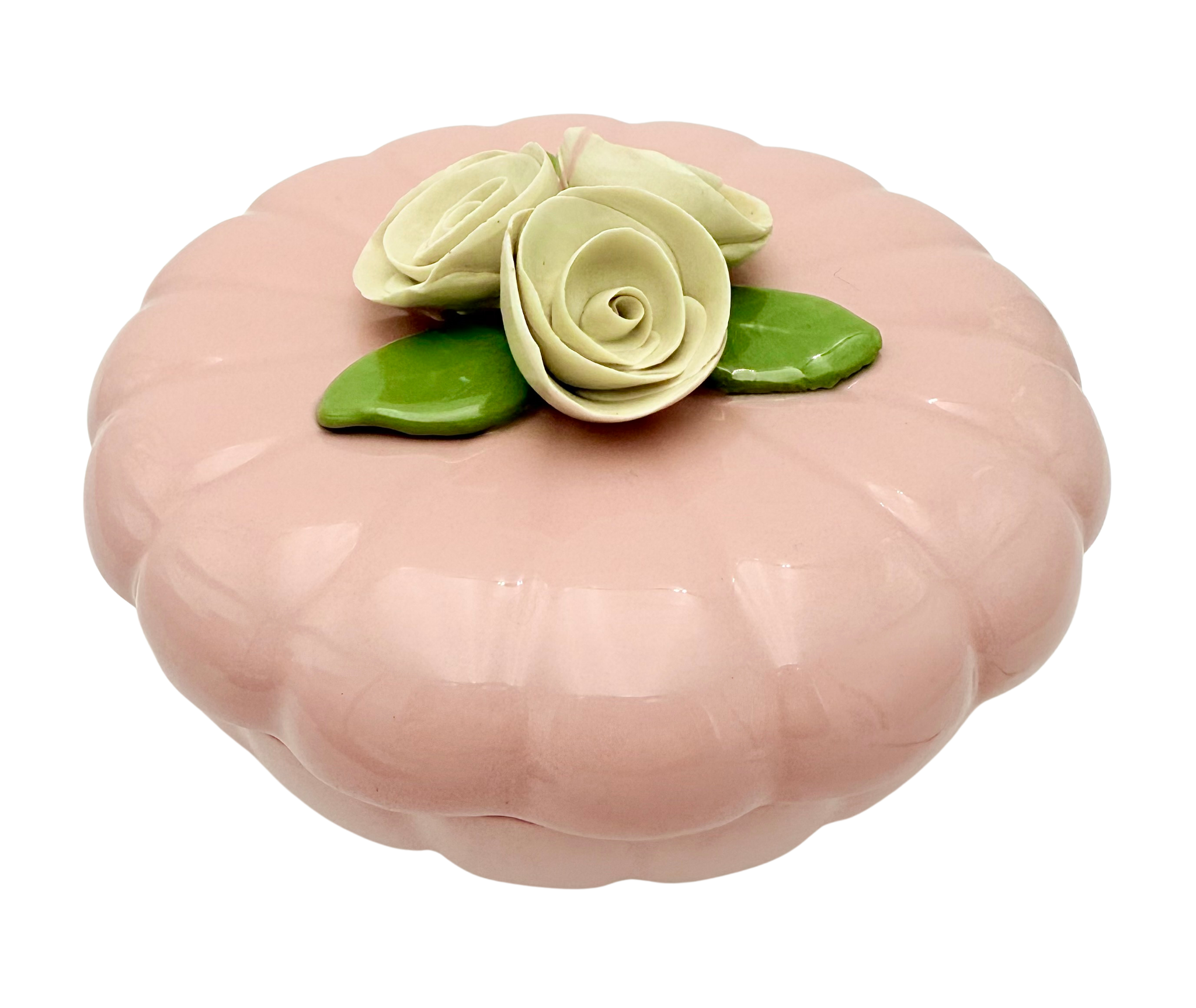 VINTAGE JAPANESE PINK PORCELAIN ROSE TRINKET BOX FLORAL POWDER JAR