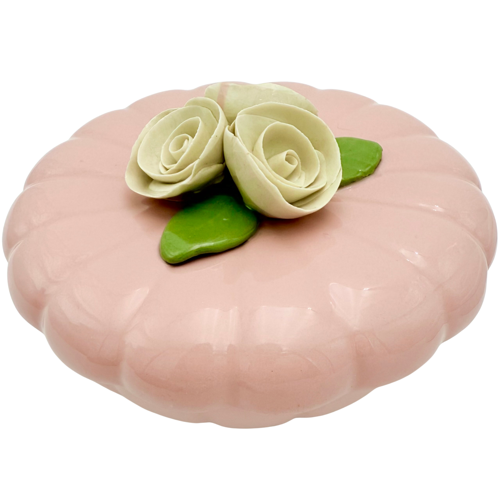 VINTAGE JAPANESE PINK PORCELAIN ROSE TRINKET BOX FLORAL POWDER JAR
