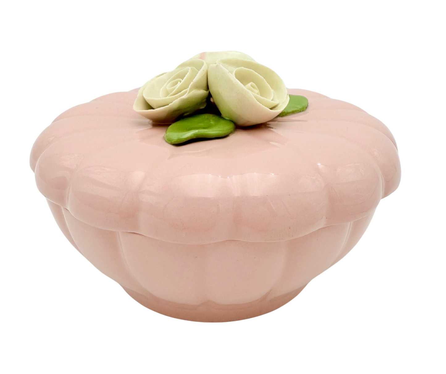 VINTAGE JAPANESE PINK PORCELAIN ROSE TRINKET BOX FLORAL POWDER JAR