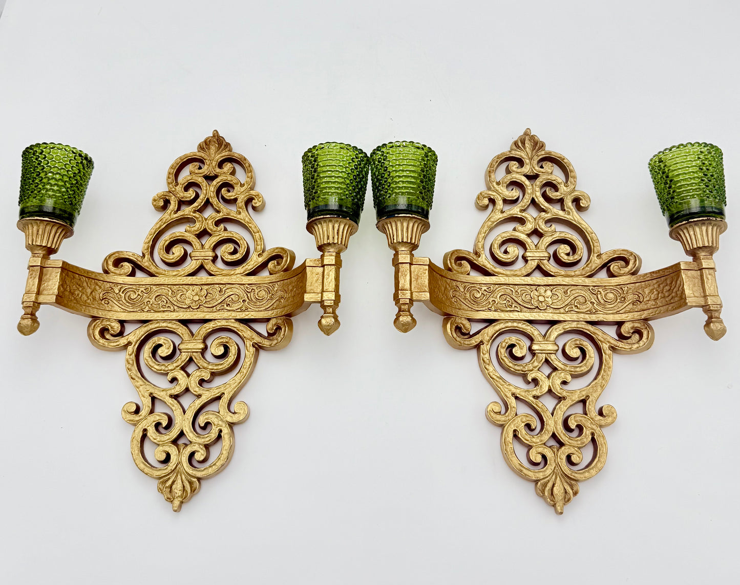 VINTAGE 1969 SYROCO GOLD SCROLL WALL SCONCES WITH GREEN HOBNAIL GLASS CUPS