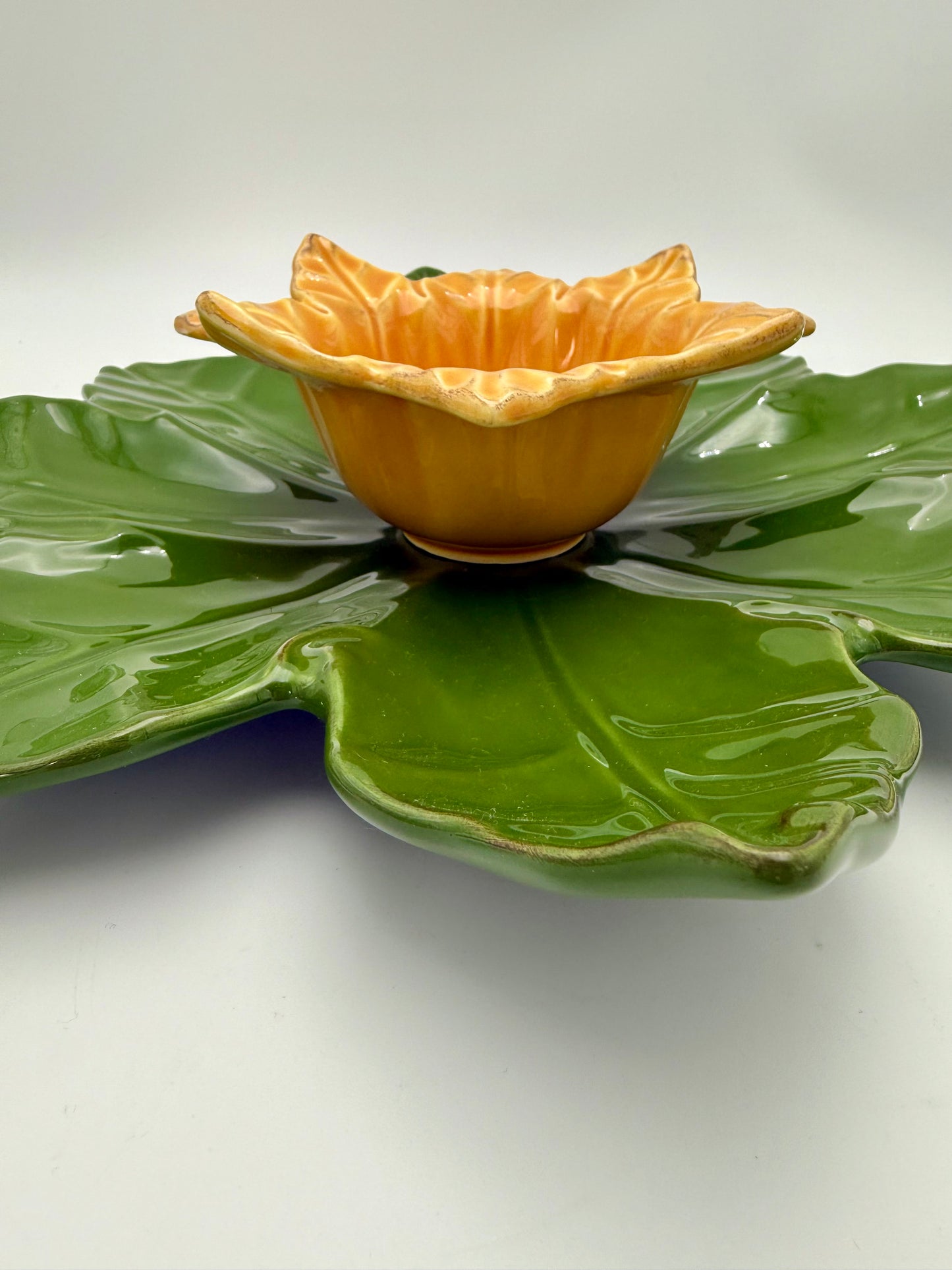 SKYNROS DESIGNS PORTUGAL HAND-PAINTED LEAF CHIP AND DIP SET • 17” PLATTER • 7.5” FLOWER BOWL • PORTUGUESE CERAMIC SERVING DISH