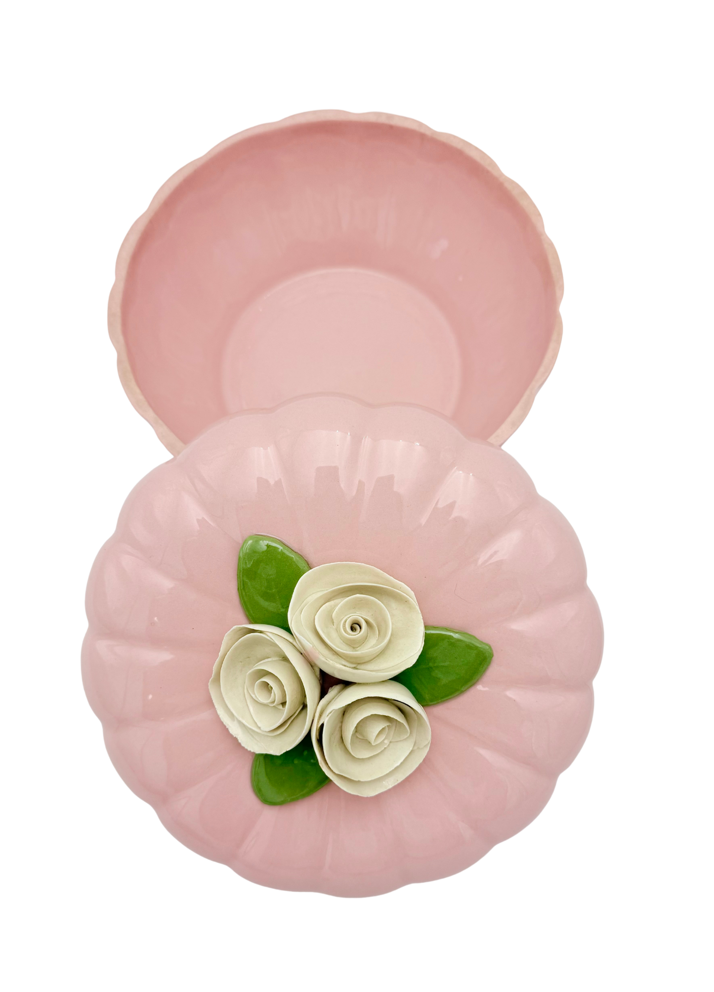 VINTAGE JAPANESE PINK PORCELAIN ROSE TRINKET BOX FLORAL POWDER JAR