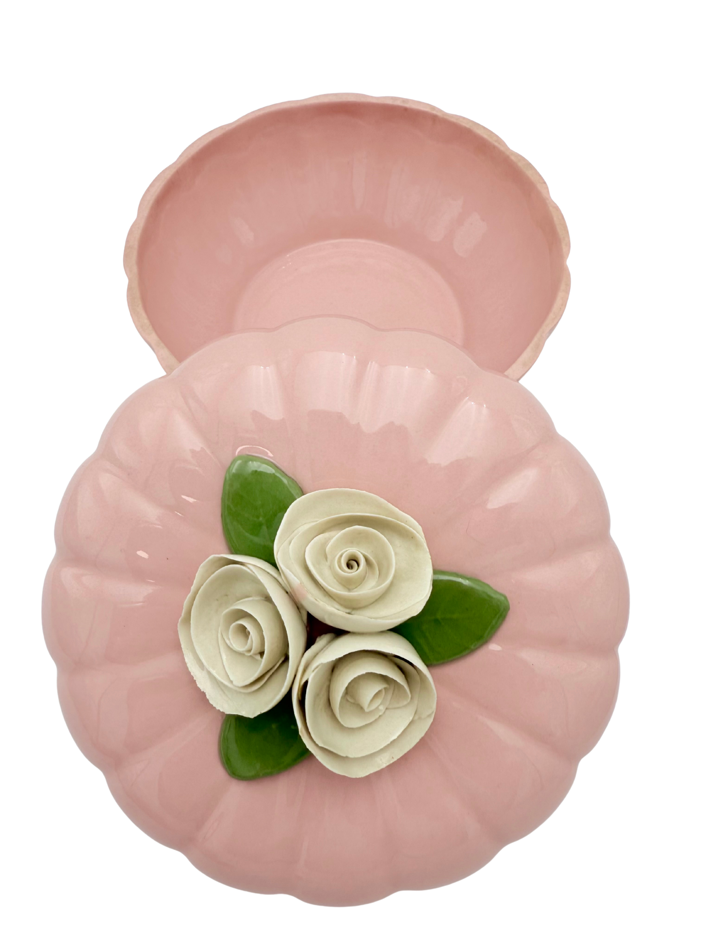 VINTAGE JAPANESE PINK PORCELAIN ROSE TRINKET BOX FLORAL POWDER JAR