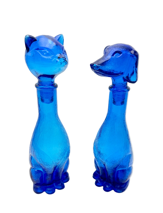 VINTAGE EMPOLI COBALT BLUE CAT & DOG GLASS DECANTER PAIR – 14” ITALIAN ART GLASS FIGURINES