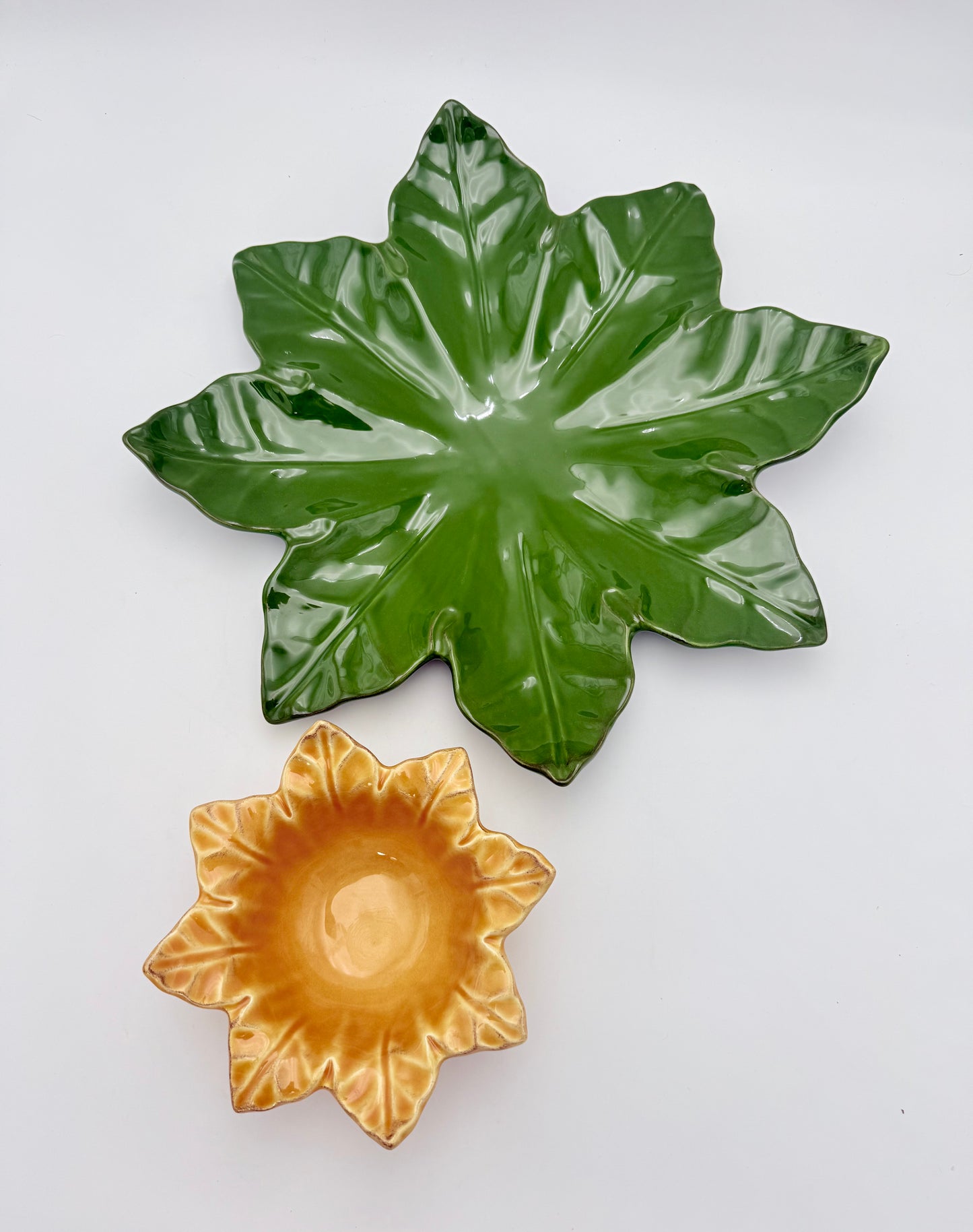 SKYNROS DESIGNS PORTUGAL HAND-PAINTED LEAF CHIP AND DIP SET • 17” PLATTER • 7.5” FLOWER BOWL • PORTUGUESE CERAMIC SERVING DISH