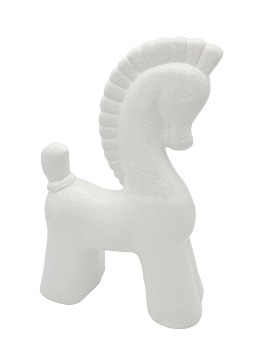 MID-CENTURY MODERN BRIGHT WHITE CERAMIC HORSE SCULPTURE – STYLED ABSTRACT FIGURINE