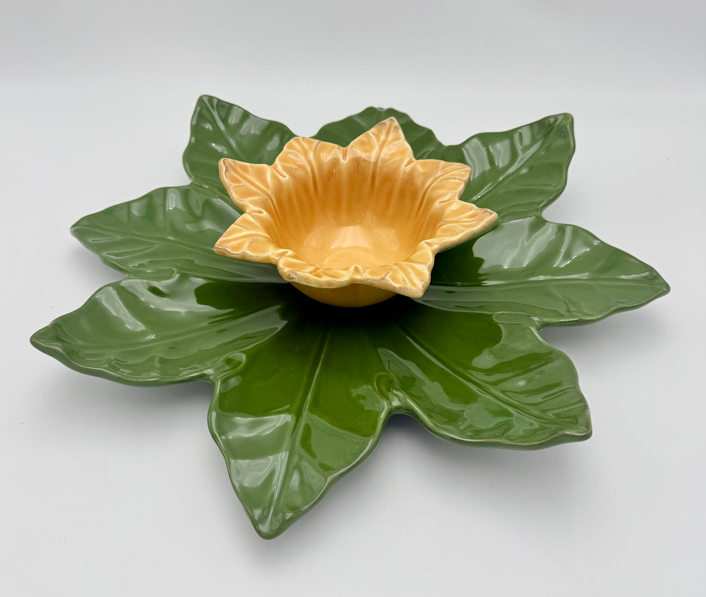 SKYNROS DESIGNS PORTUGAL HAND-PAINTED LEAF CHIP AND DIP SET • 17” PLATTER • 7.5” FLOWER BOWL • PORTUGUESE CERAMIC SERVING DISH