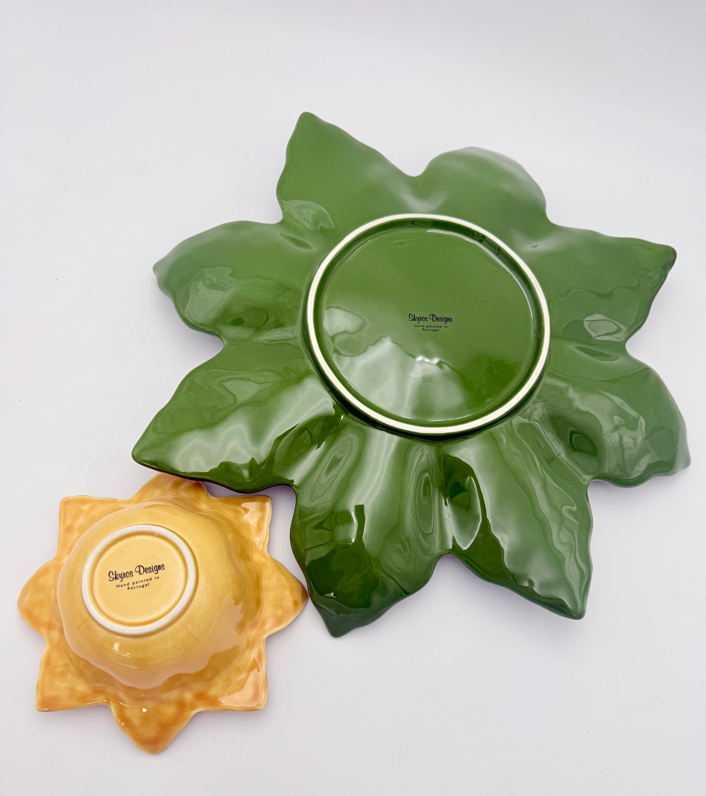 SKYNROS DESIGNS PORTUGAL HAND-PAINTED LEAF CHIP AND DIP SET • 17” PLATTER • 7.5” FLOWER BOWL • PORTUGUESE CERAMIC SERVING DISH