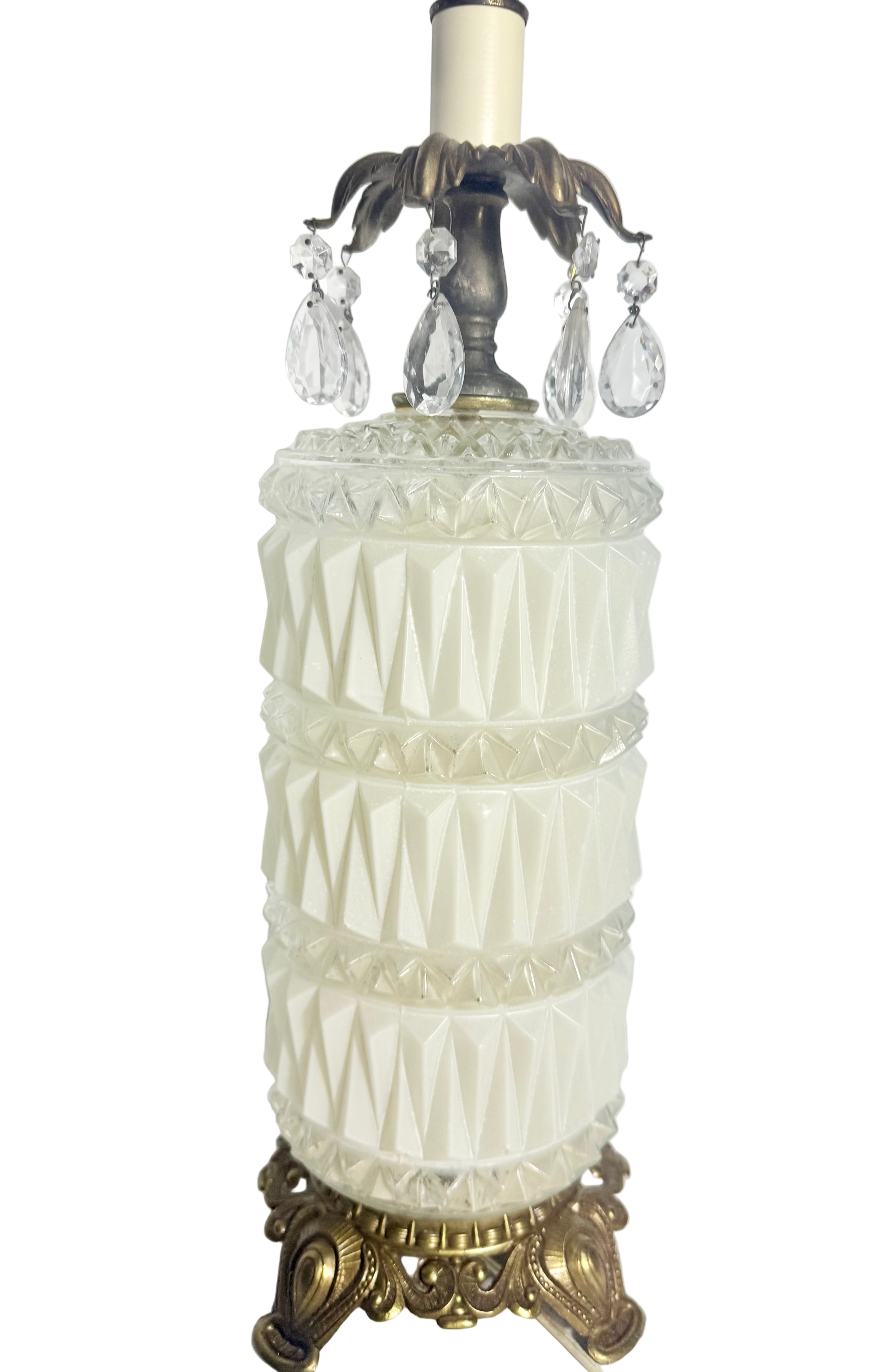VINTAGE HOLLYWOOD REGENCY MILK GLASS TABLE LAMP – 31.5” – DIAMOND CUT GLOWING BASE – CRYSTAL PRISMS – MID CENTURY GLAM