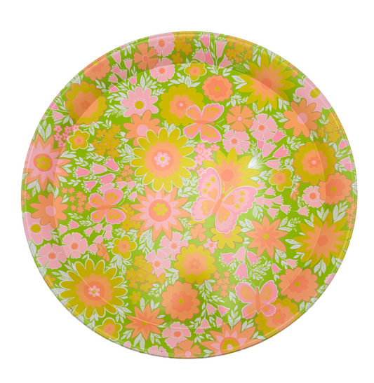 VINTAGE 1970S FLORAL BUTTERFLY TIN SERVING TRAY – 14” FLOWER POWER MOD DECOR
