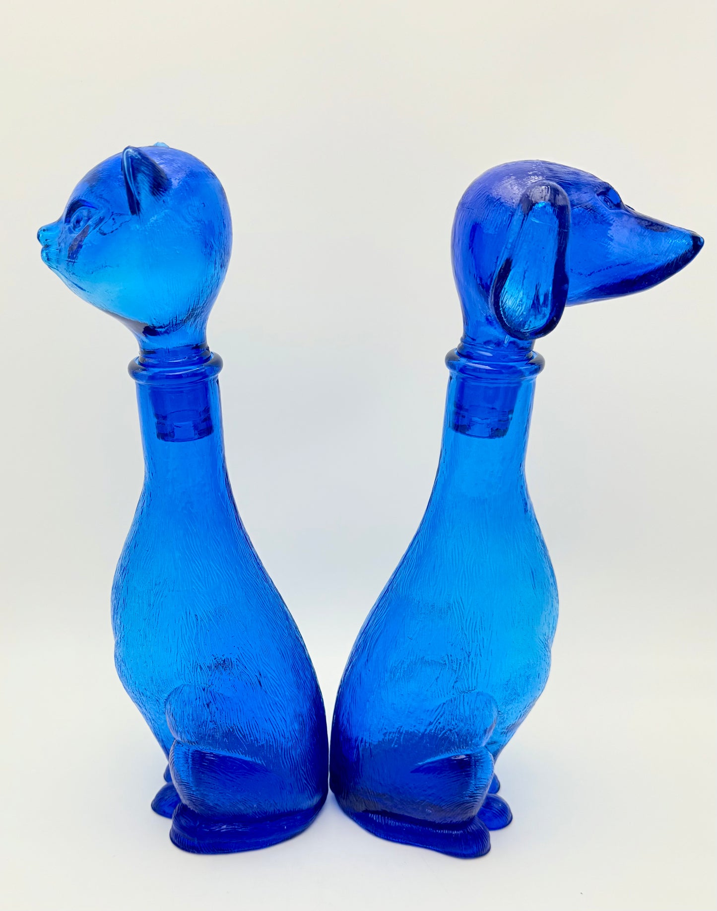 VINTAGE EMPOLI COBALT BLUE CAT & DOG GLASS DECANTER PAIR – 14” ITALIAN ART GLASS FIGURINES