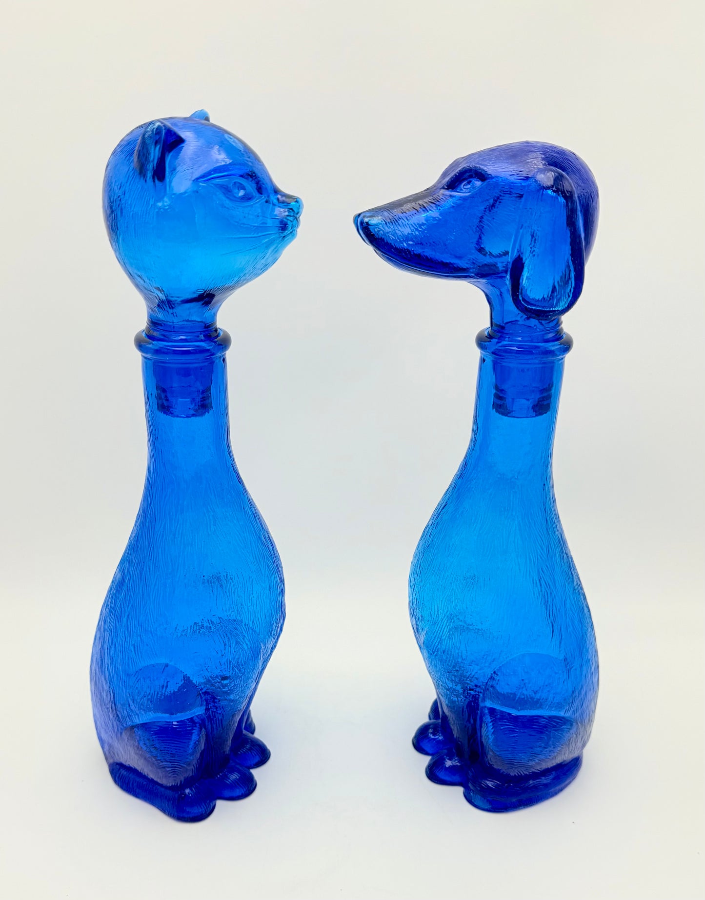 VINTAGE EMPOLI COBALT BLUE CAT & DOG GLASS DECANTER PAIR – 14” ITALIAN ART GLASS FIGURINES