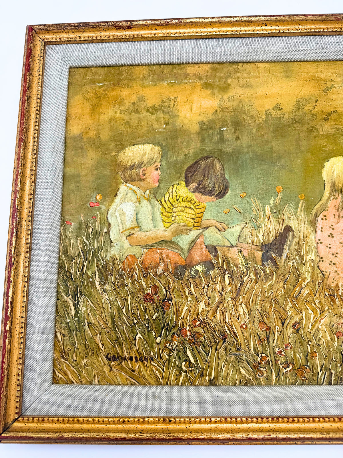 Genevieve Reckling Original Painting Children in Meadow | Meredith Long Gallery Provenance | Vintage Impasto Art
