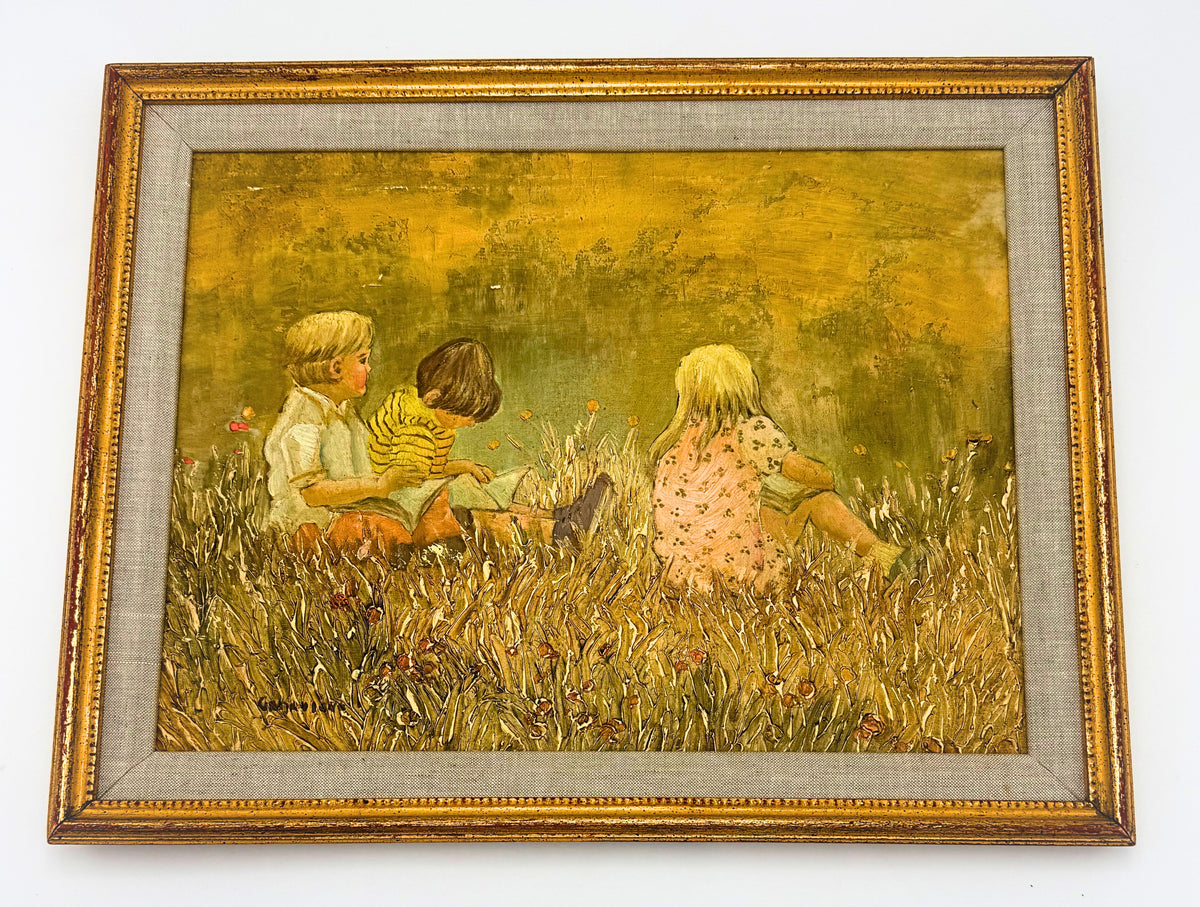 Genevieve Reckling Original Painting Children in Meadow | Meredith Long Gallery Provenance | Vintage Impasto Art