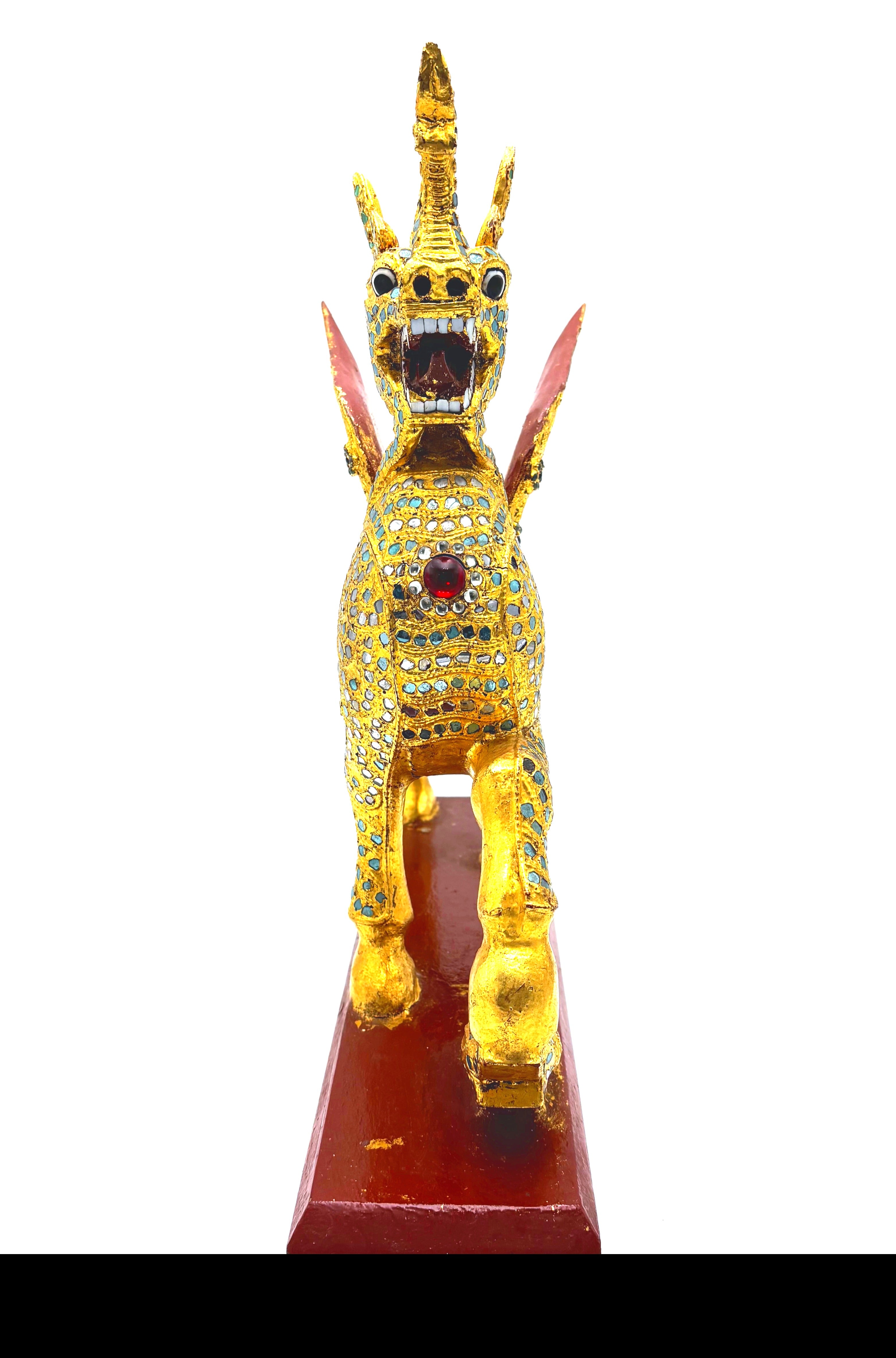 VINTAGE THAI GILT WOOD TEMPLE GUARDIAN SCULPTURE
