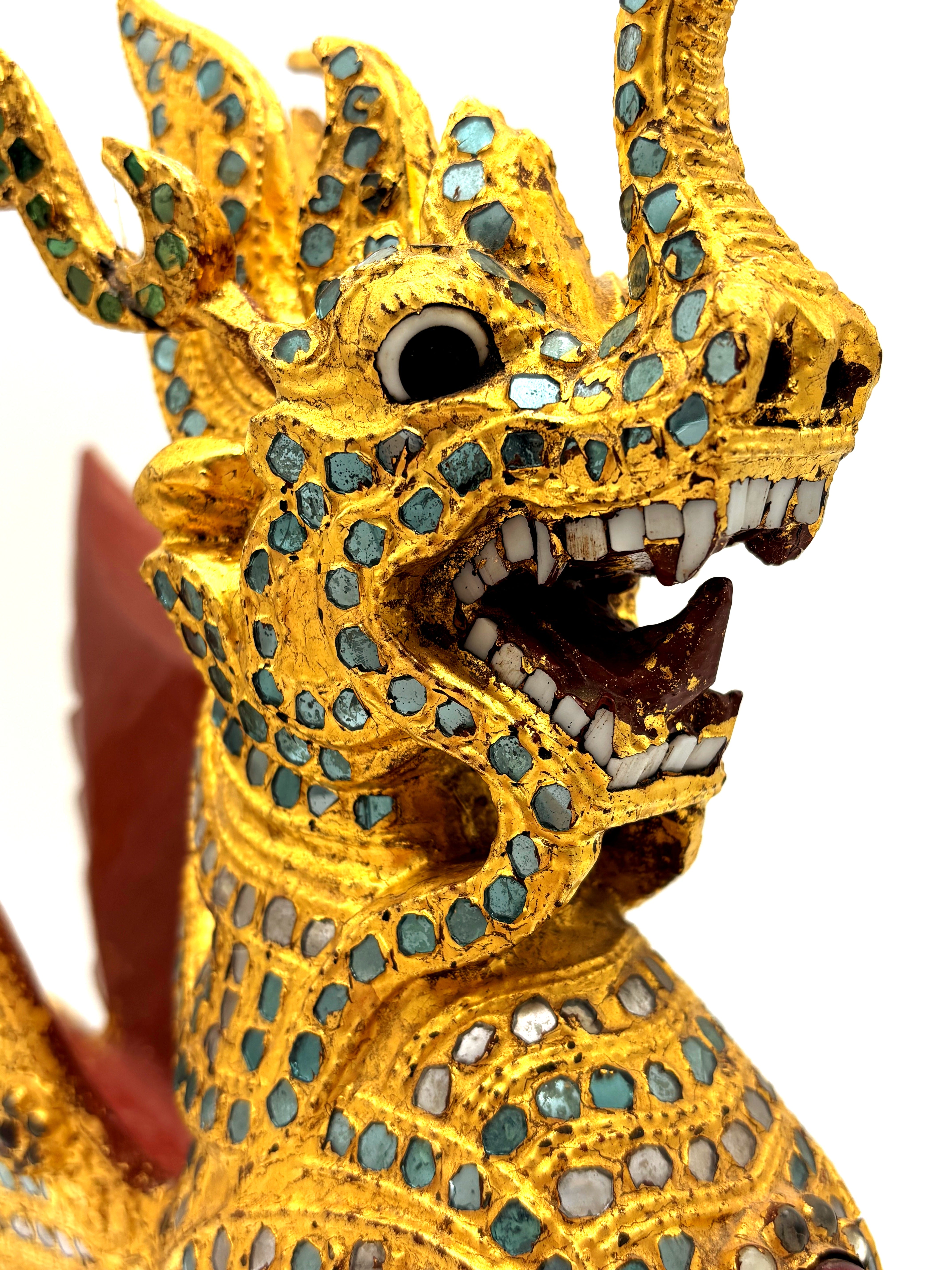 VINTAGE THAI GILT WOOD TEMPLE GUARDIAN SCULPTURE