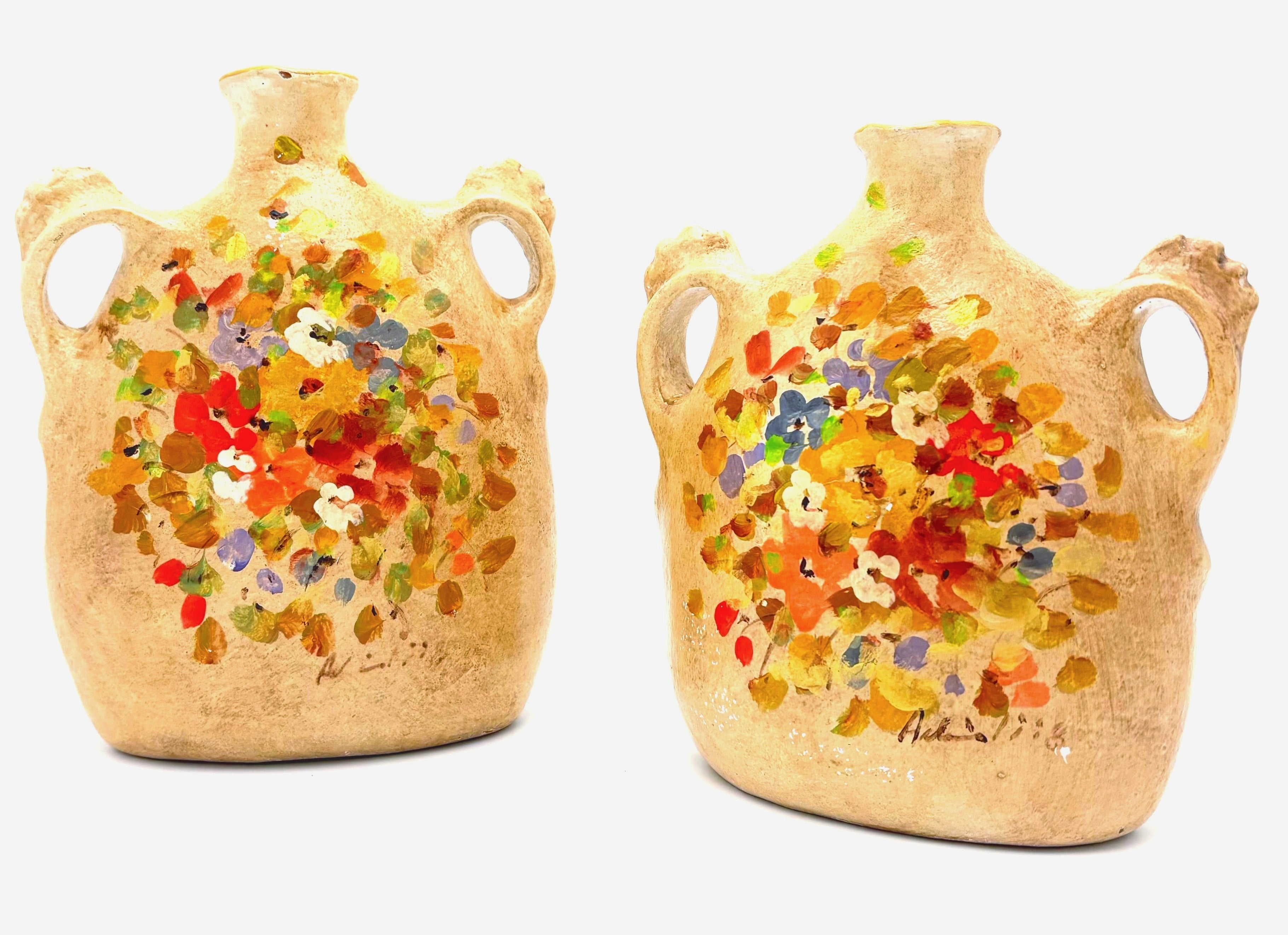 VINTAGE 1998 SIGNED HAND PAINTED FLORAL AMPHORA VESSEL PAIR