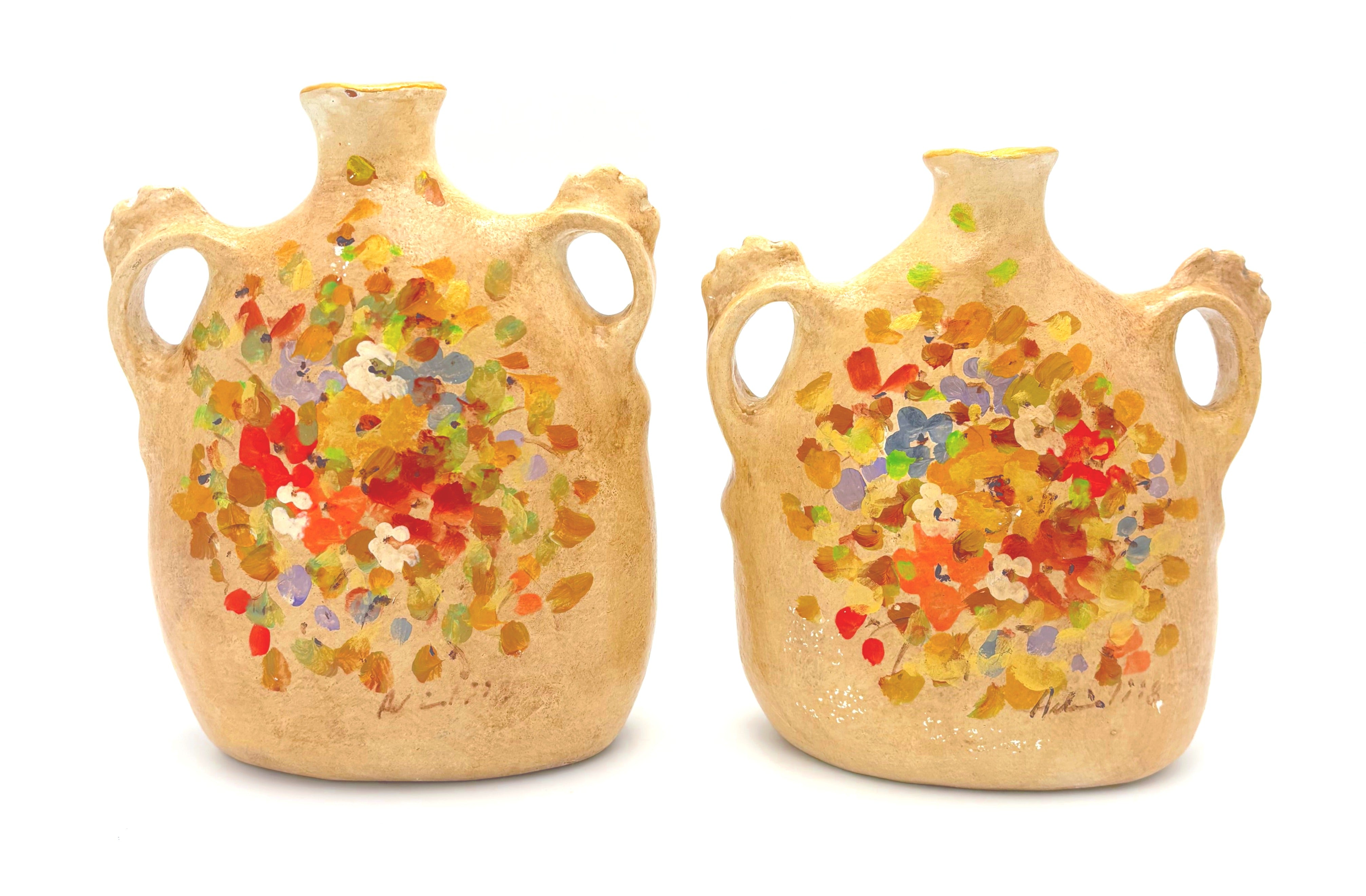 VINTAGE 1998 SIGNED HAND PAINTED FLORAL AMPHORA VESSEL PAIR