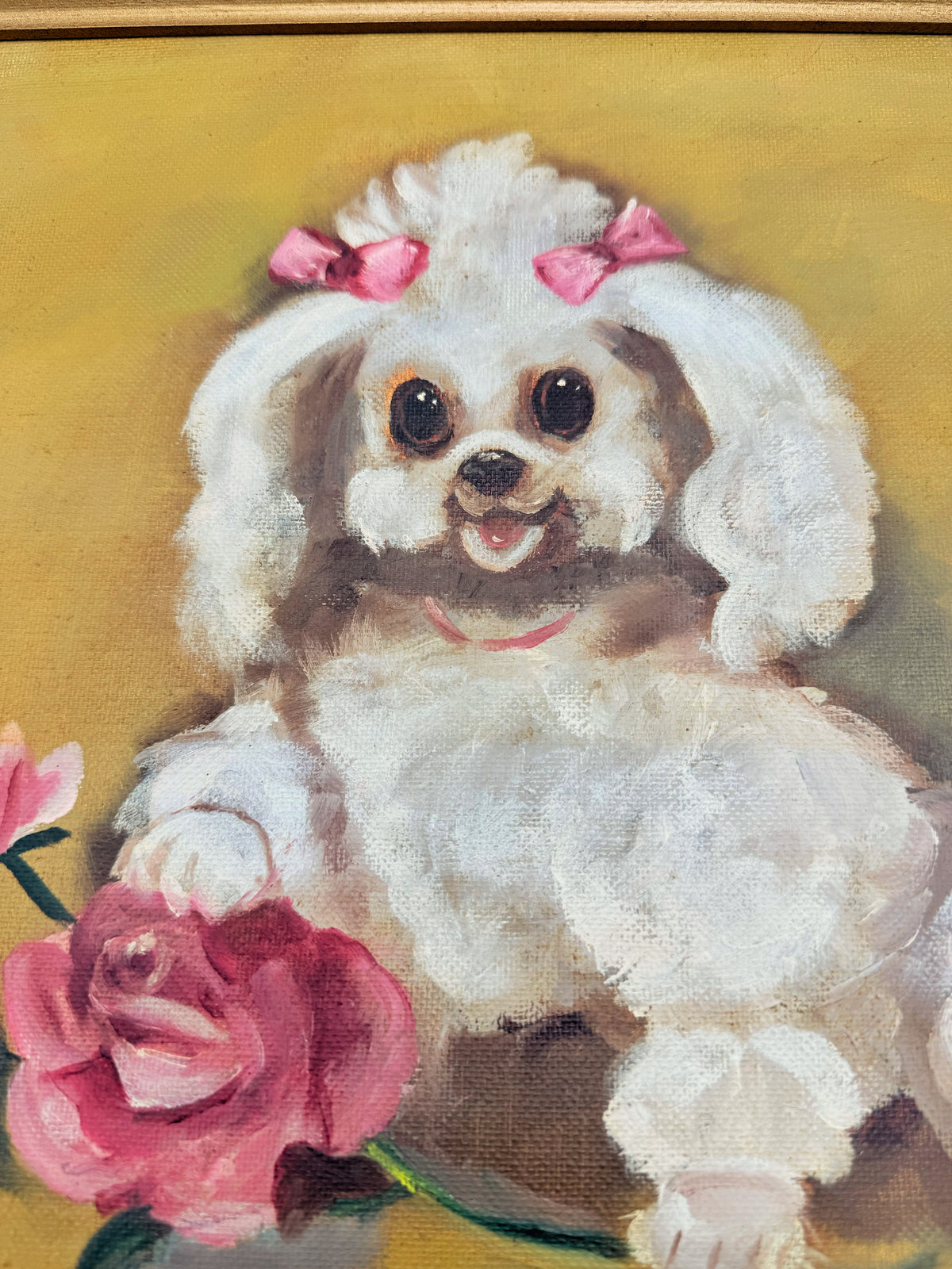 Vintage Poodle Painting, Signed Original Dog Portrait, Pink Bow Poodle Art, Gilt Framed Wall Art, Hollywood Regency Decor