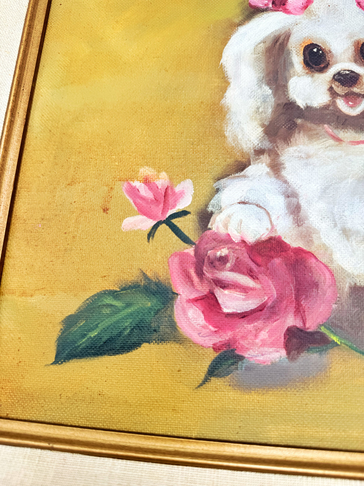Vintage Poodle Painting, Signed Original Dog Portrait, Pink Bow Poodle Art, Gilt Framed Wall Art, Hollywood Regency Decor