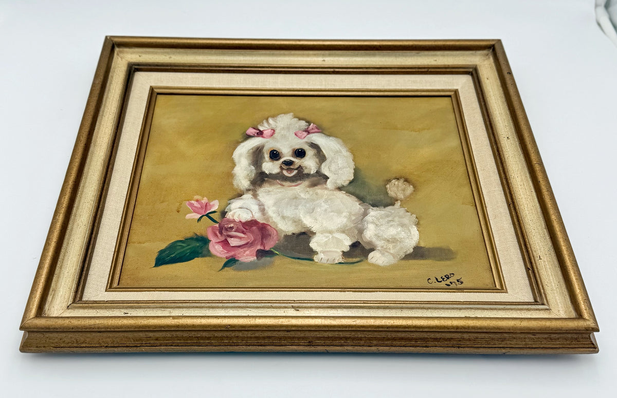 Vintage Poodle Painting, Signed Original Dog Portrait, Pink Bow Poodle Art, Gilt Framed Wall Art, Hollywood Regency Decor