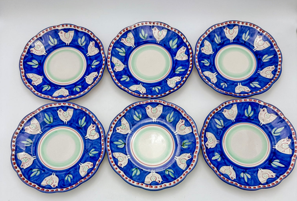 Vintage Solimene Vietri Chicken Plates Set of 6, Hand Painted Italian Pottery, Cobalt Blue Hen Plates, Italy Ceramic Dinnerware