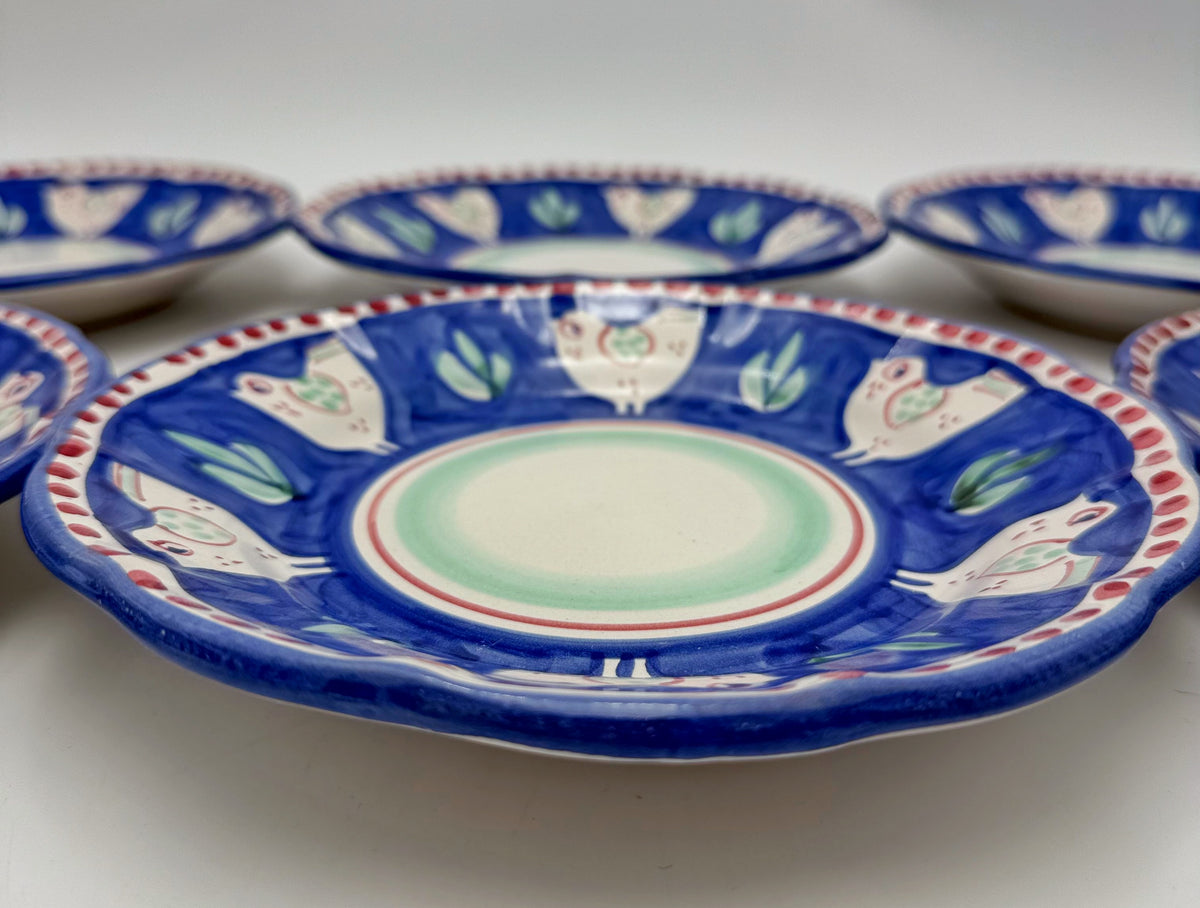 Vintage Solimene Vietri Chicken Plates Set of 6, Hand Painted Italian Pottery, Cobalt Blue Hen Plates, Italy Ceramic Dinnerware