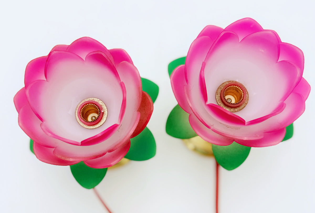 Vintage Pink Lotus Flower Boudoir Lamps Pair | Mid-Century Lucite Style Floral Accent Lights