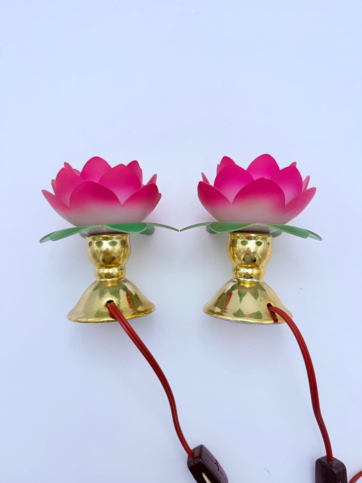 Vintage Pink Lotus Flower Boudoir Lamps Pair | Mid-Century Lucite Style Floral Accent Lights
