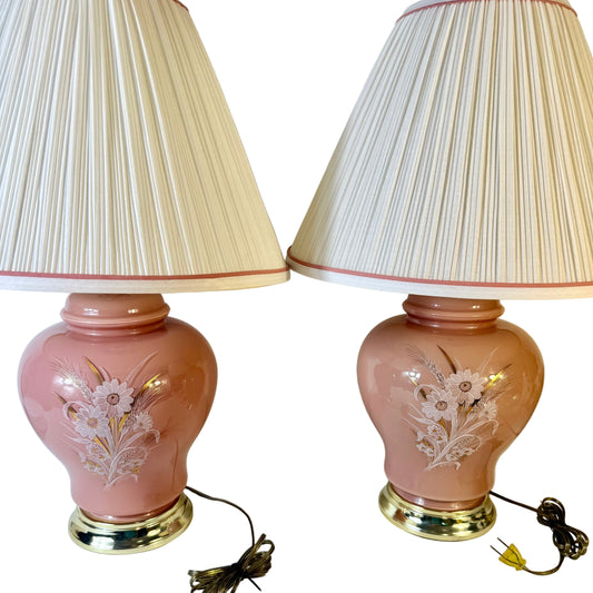 PAIR OF 1980s BLUSH PINK FLORAL TABLE LAMPS WITH ORIGINAL PLEATED SHADES – SIGNED G. BLEZ –