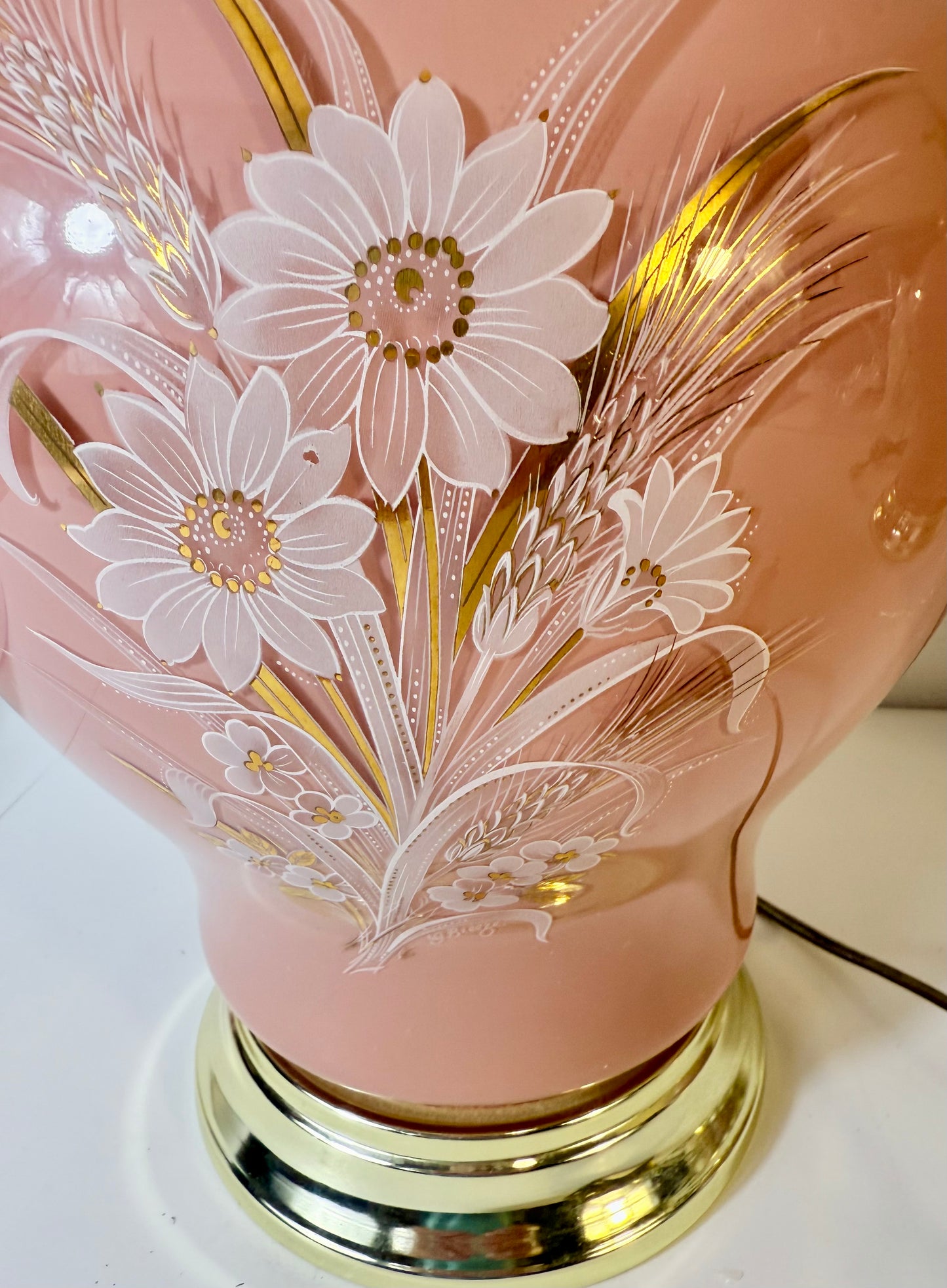 PAIR OF 1980s BLUSH PINK FLORAL TABLE LAMPS WITH ORIGINAL PLEATED SHADES – SIGNED G. BLEZ –